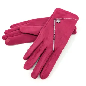 Animal Print Fold Suede Style Gloves - Bright Pink