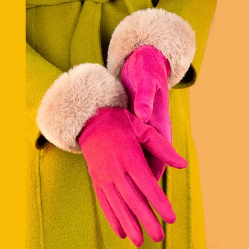 Bettina Faux Fur & Suede Gloves Fuchsia