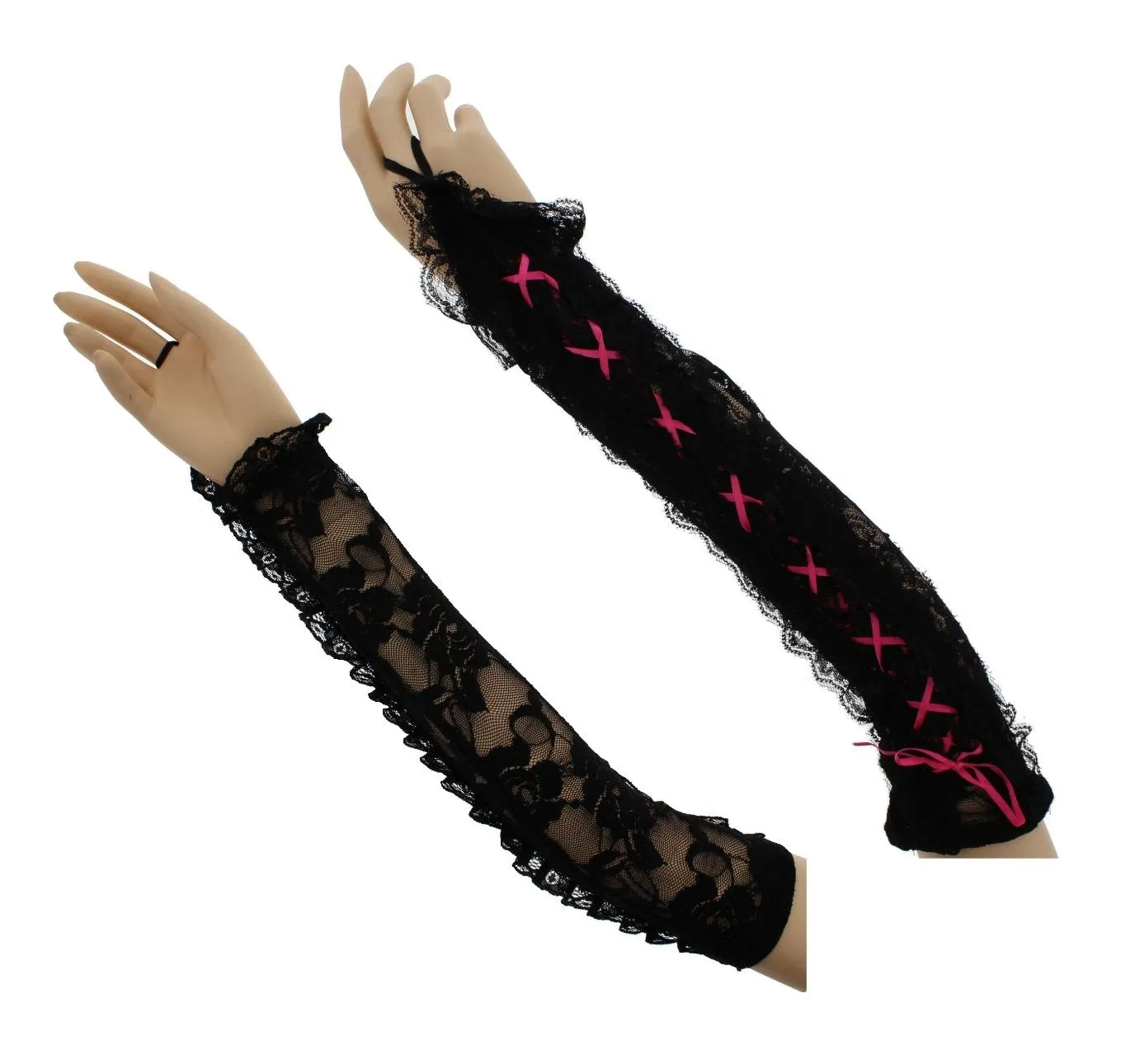 Black Long Floral Print Lace Gloves with Coloured Ribbon