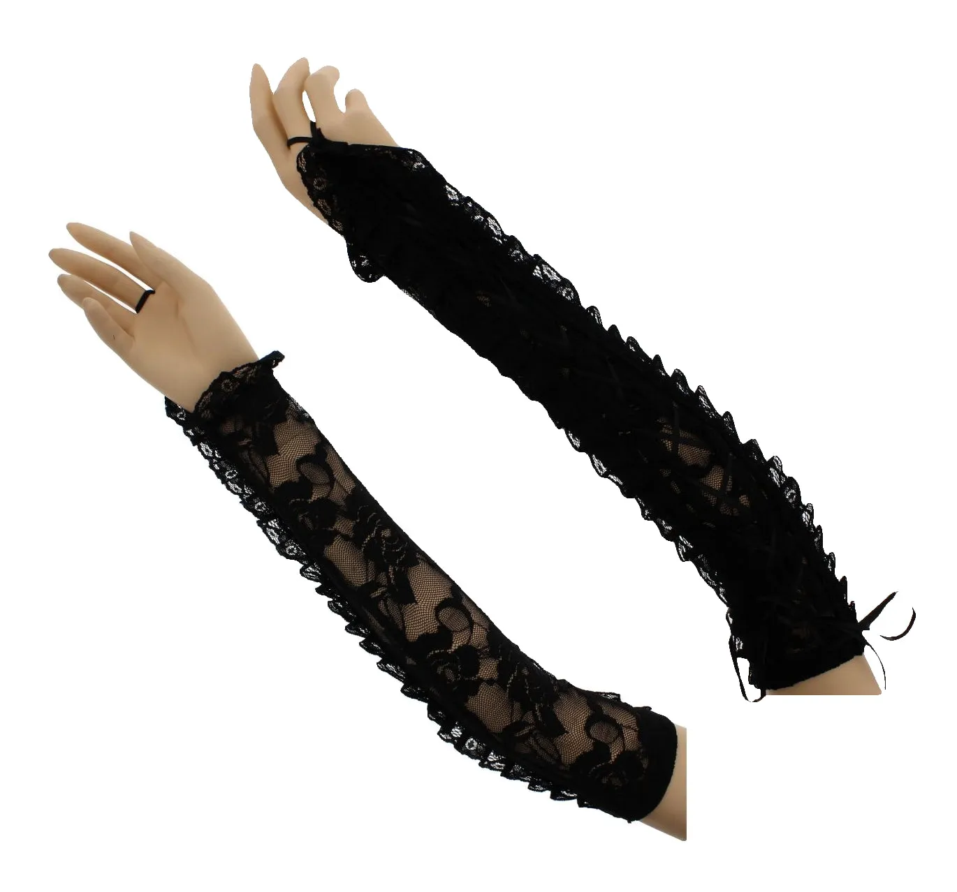 Black Long Floral Print Lace Gloves with Coloured Ribbon