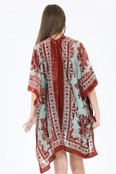 Burnout Velvet Kimono - Rust/Turquoise - One Size