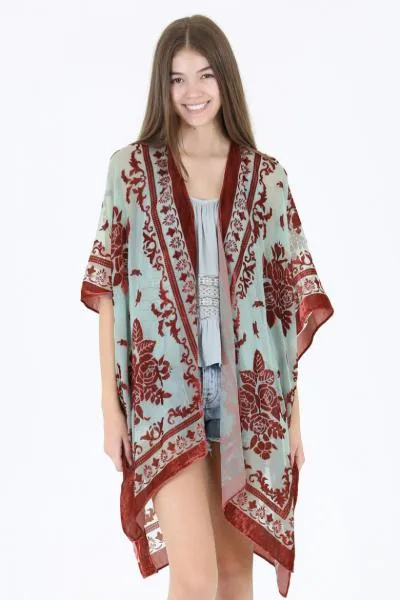 Burnout Velvet Kimono - Rust/Turquoise - One Size