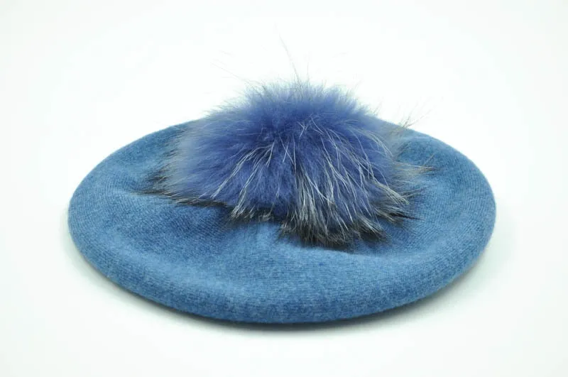 Cashmere Beret with Real Fur Pom Pom