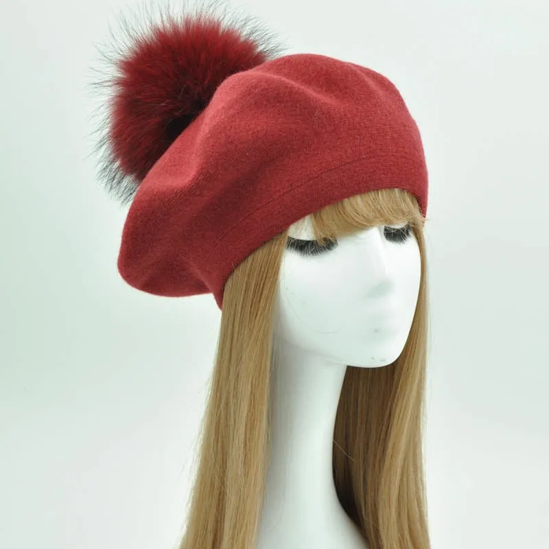 Cashmere Beret with Real Fur Pom Pom