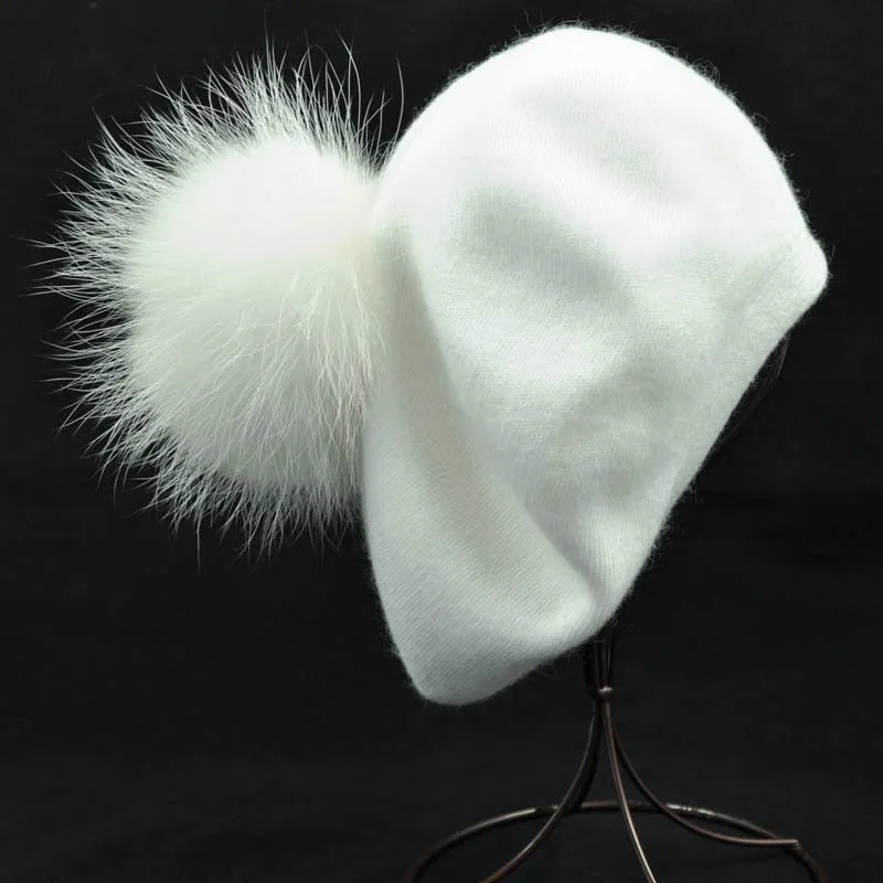 Cashmere Beret with Real Fur Pom Pom