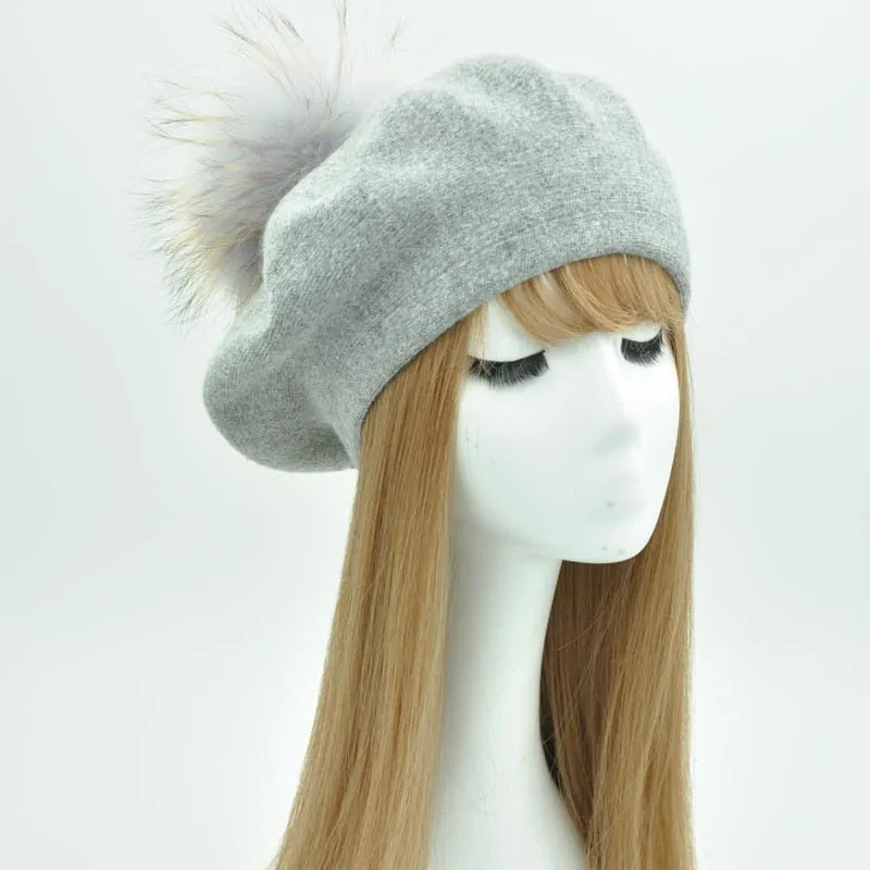 Cashmere Beret with Real Fur Pom Pom