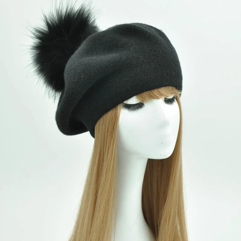 Cashmere Beret with Real Fur Pom Pom