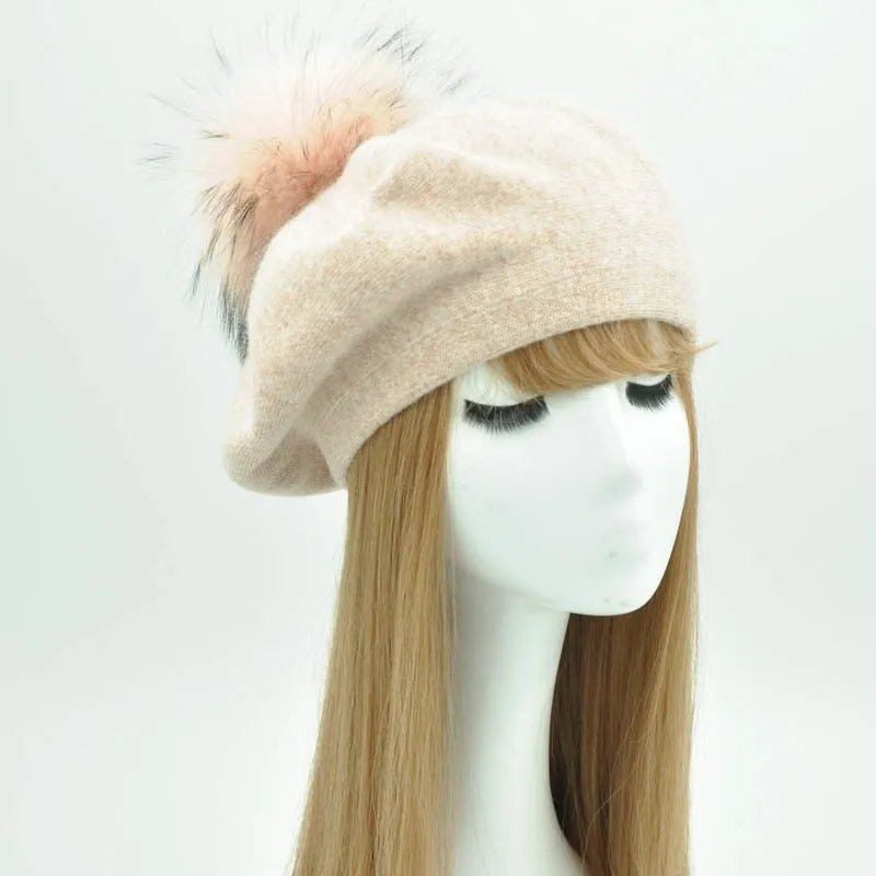 Cashmere Beret with Real Fur Pom Pom