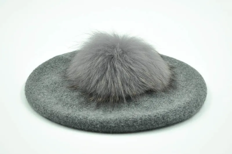 Cashmere Beret with Real Fur Pom Pom