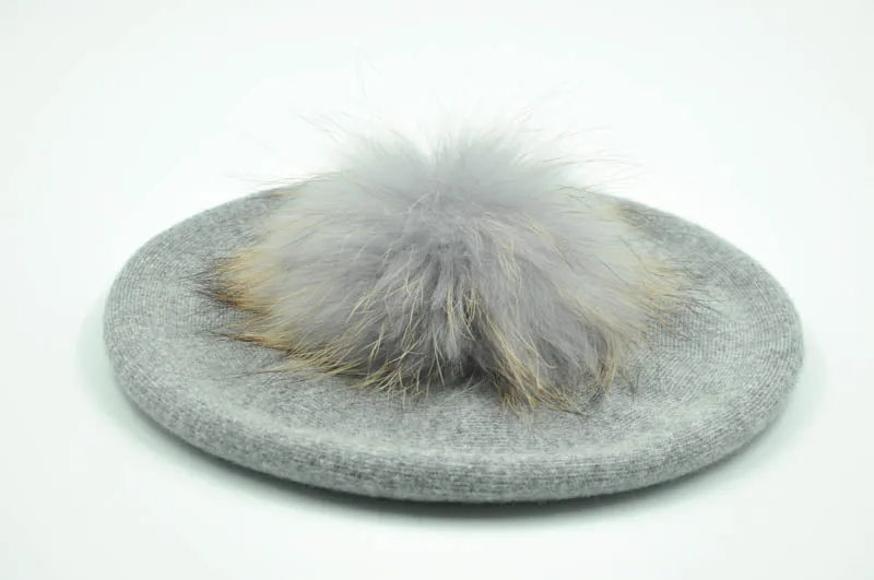 Cashmere Beret with Real Fur Pom Pom