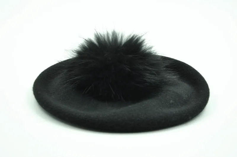 Cashmere Beret with Real Fur Pom Pom