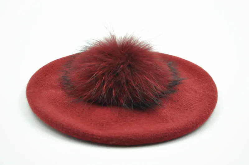 Cashmere Beret with Real Fur Pom Pom