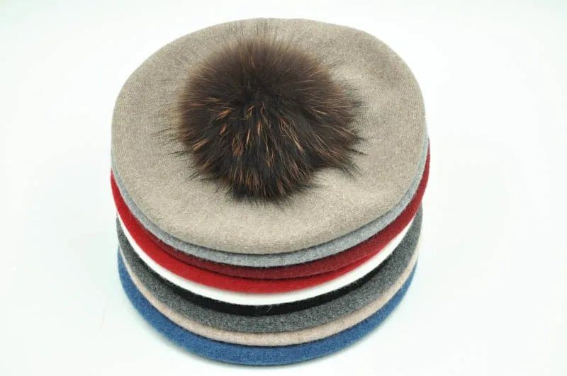 Cashmere Beret with Real Fur Pom Pom