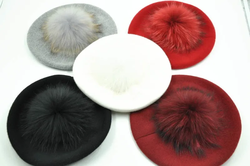 Cashmere Beret with Real Fur Pom Pom