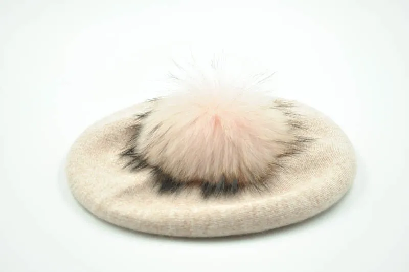 Cashmere Beret with Real Fur Pom Pom