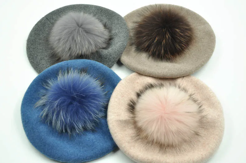 Cashmere Beret with Real Fur Pom Pom