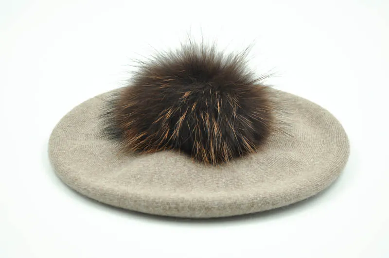 Cashmere Beret with Real Fur Pom Pom