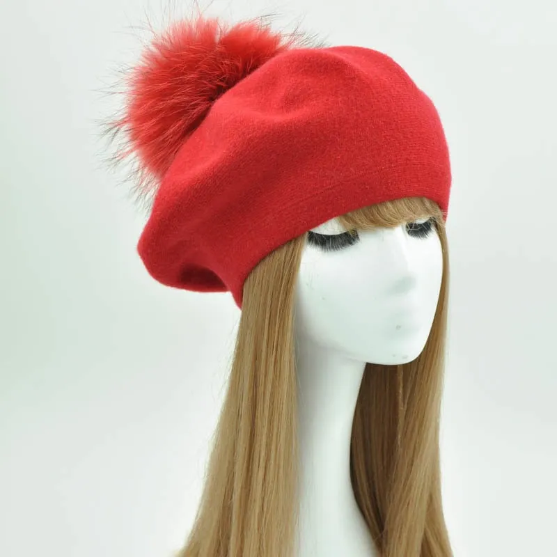 Cashmere Beret with Real Fur Pom Pom