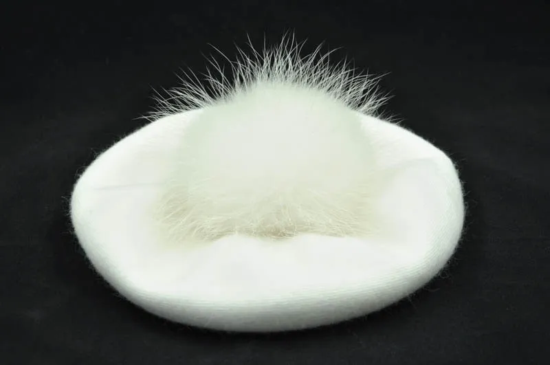 Cashmere Beret with Real Fur Pom Pom