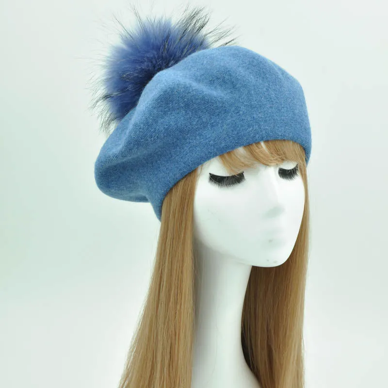 Cashmere Beret with Real Fur Pom Pom