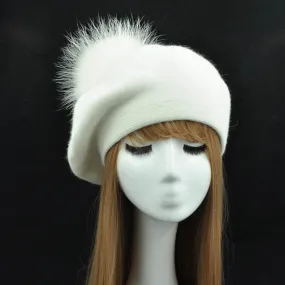 Cashmere Beret with Real Fur Pom Pom