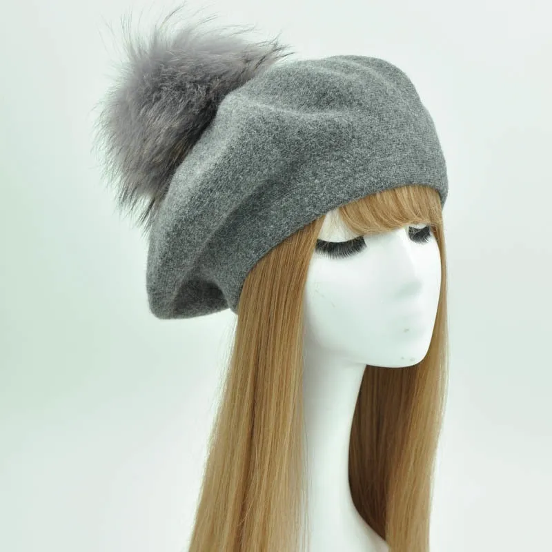 Cashmere Beret with Real Fur Pom Pom