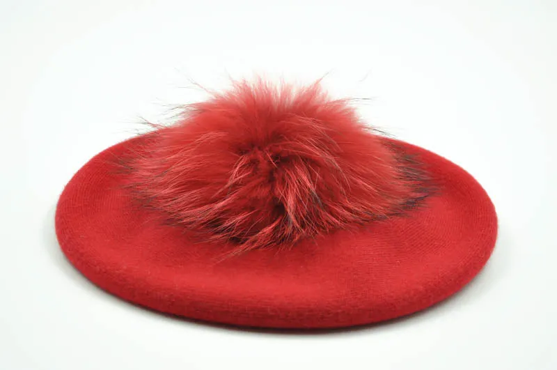 Cashmere Beret with Real Fur Pom Pom