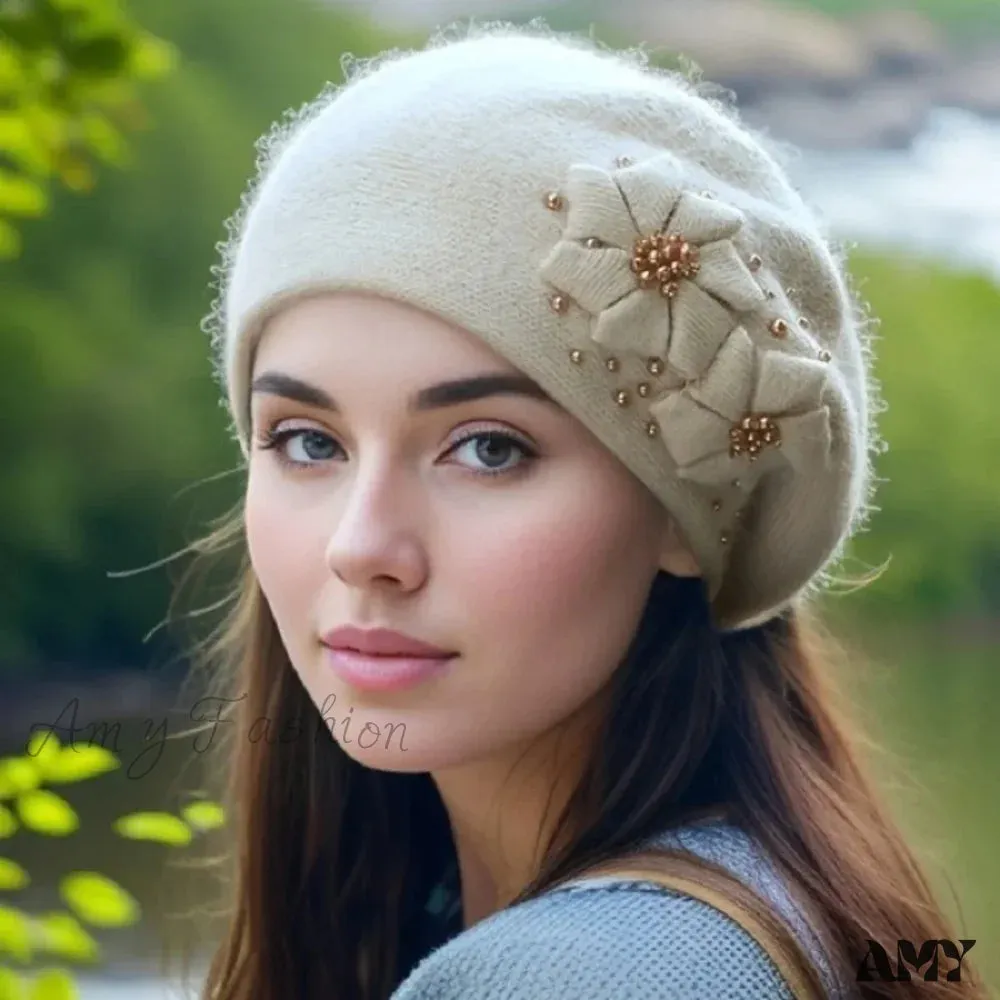 Cashmere Rabbit Wool Knitted Pearl Beret Hat for Women