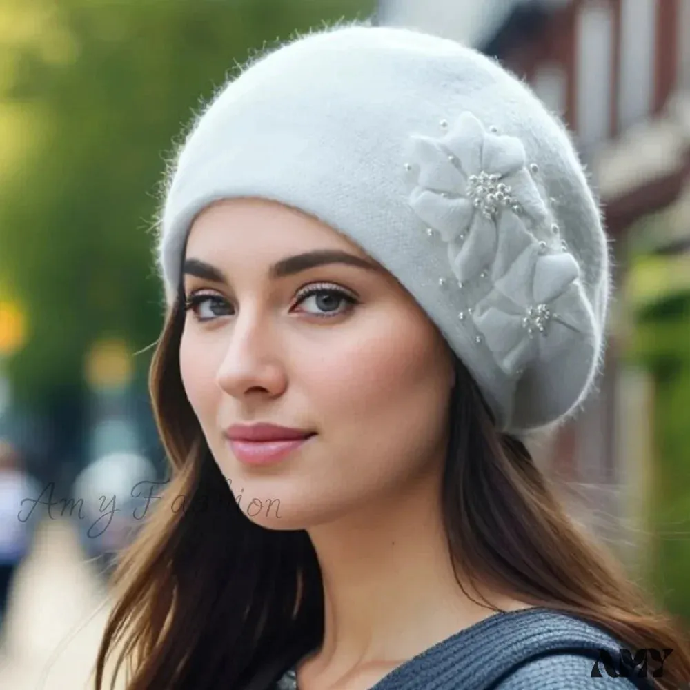 Cashmere Rabbit Wool Knitted Pearl Beret Hat for Women