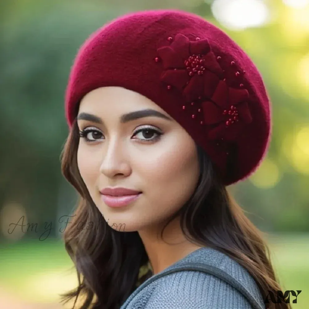 Cashmere Rabbit Wool Knitted Pearl Beret Hat for Women