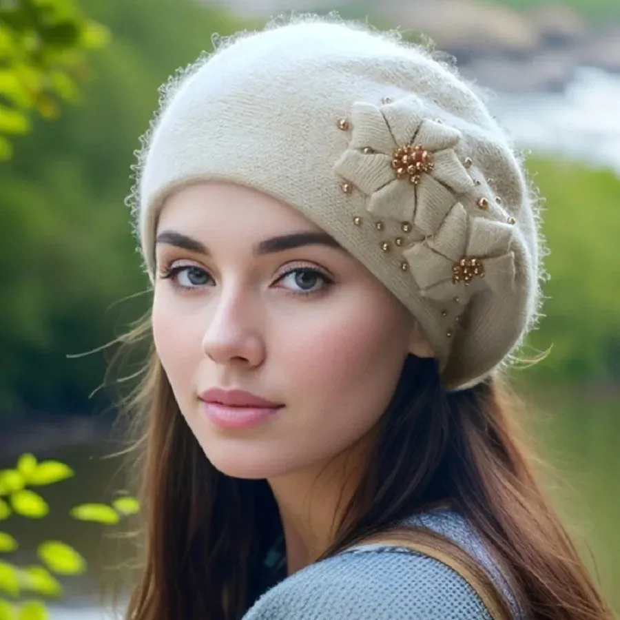 Cashmere Warm Rabbit Wool Knitted Pearl Beret Women's Hat