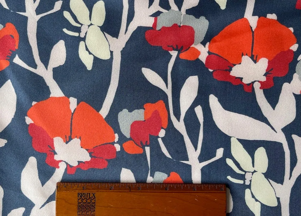 Delightful Carmine & Vermilion Poppies on Stone Blue Silk Twill (Made in Italy)