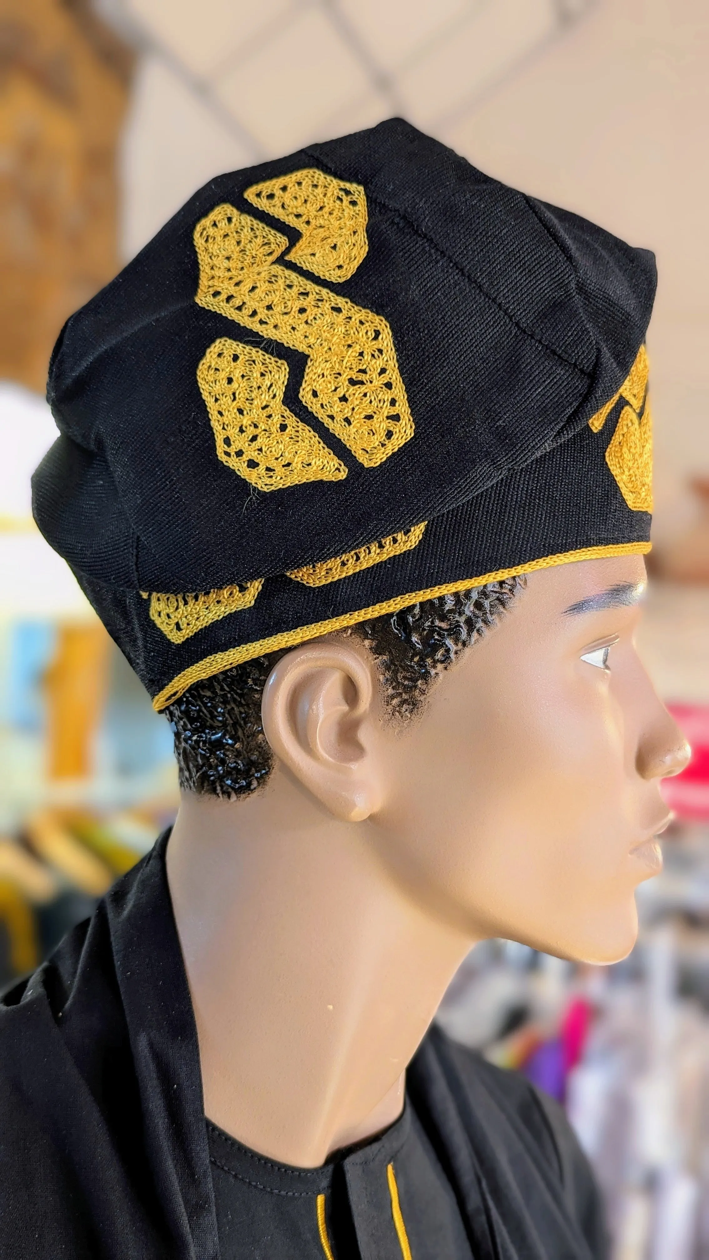 Dupsie's Akoko Black and Gold Embroidered Fila Cap Kufi Hat DPHABLGC44