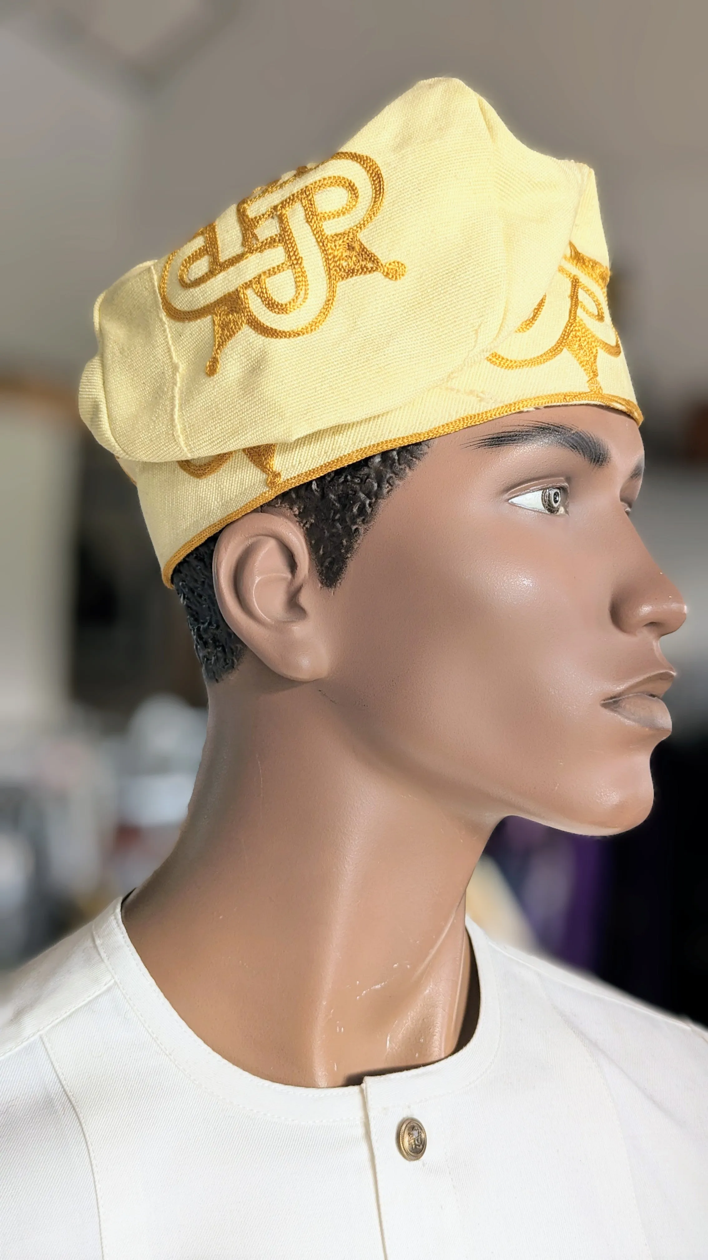 Dupsie's Gbadun Cream Nigerian African Cream and Gold Embroidered Aso Oke Handwoven Fila Kufi Cap Hat DPHACG3