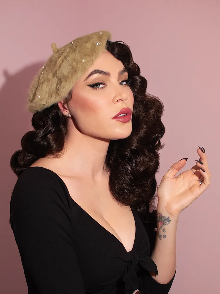 FINAL SALE - Vintage-Style Beret with Rhinestones in Pistachio Green