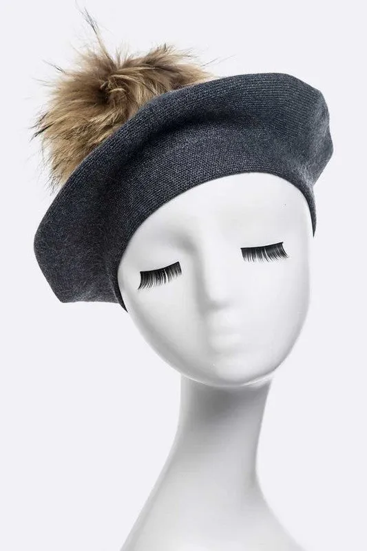 Genuine Fur Pom Cashmere Beret