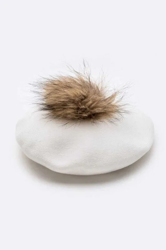 Genuine Fur Pom Cashmere Beret