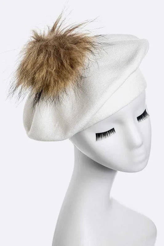 Genuine Fur Pom Cashmere Beret