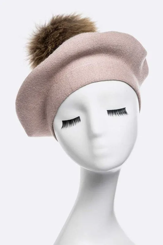 Genuine Fur Pom Cashmere Beret