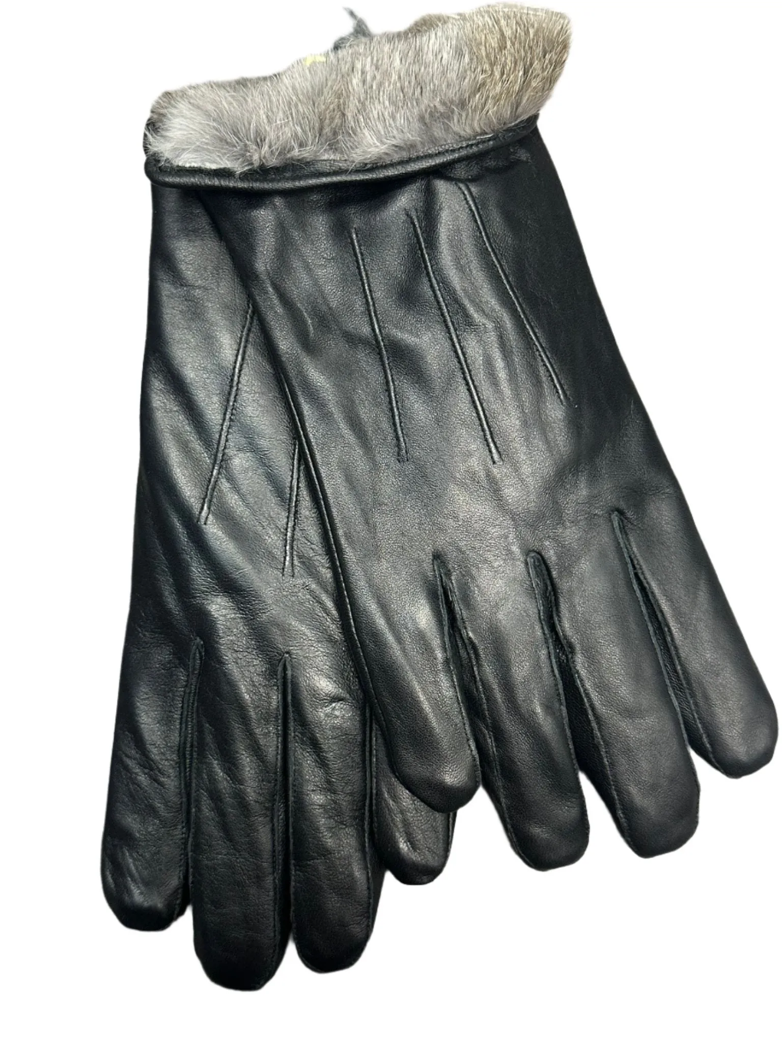 gloves mens leather rabbit fur - black