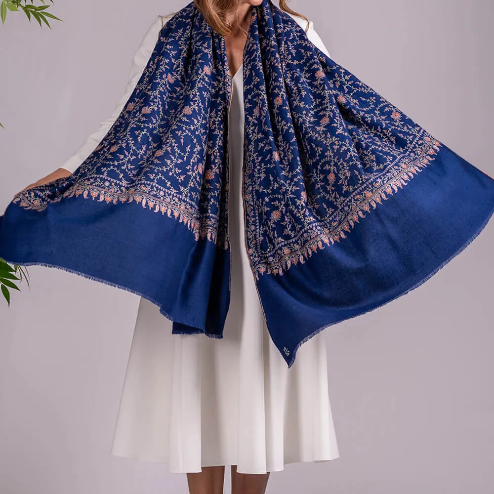 Hand Embroidered Pashmina Cashmere Shawl - Navy Floral