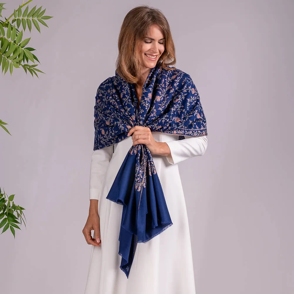 Hand Embroidered Pashmina Cashmere Shawl - Navy Floral