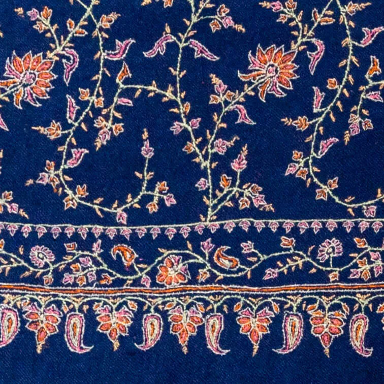 Hand Embroidered Pashmina Cashmere Shawl - Navy Floral