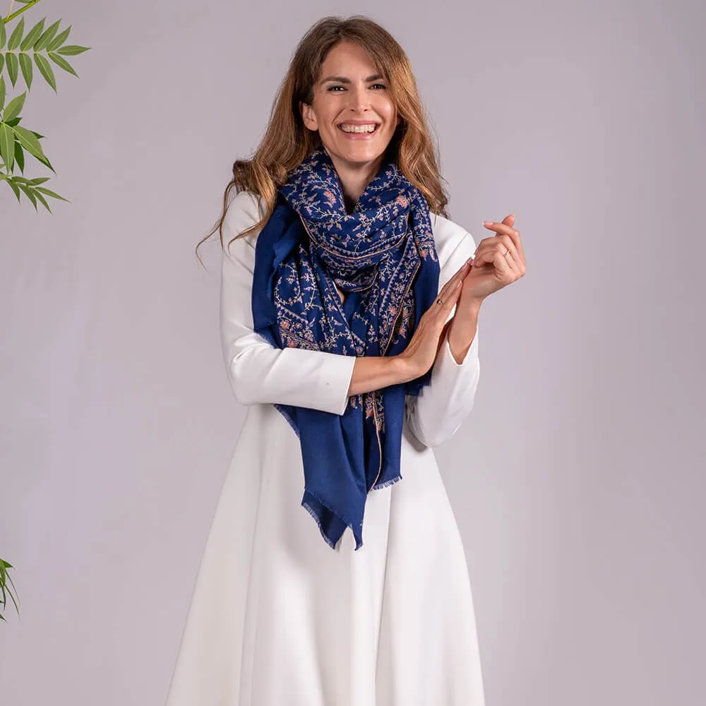 Hand Embroidered Pashmina Cashmere Shawl - Navy Floral