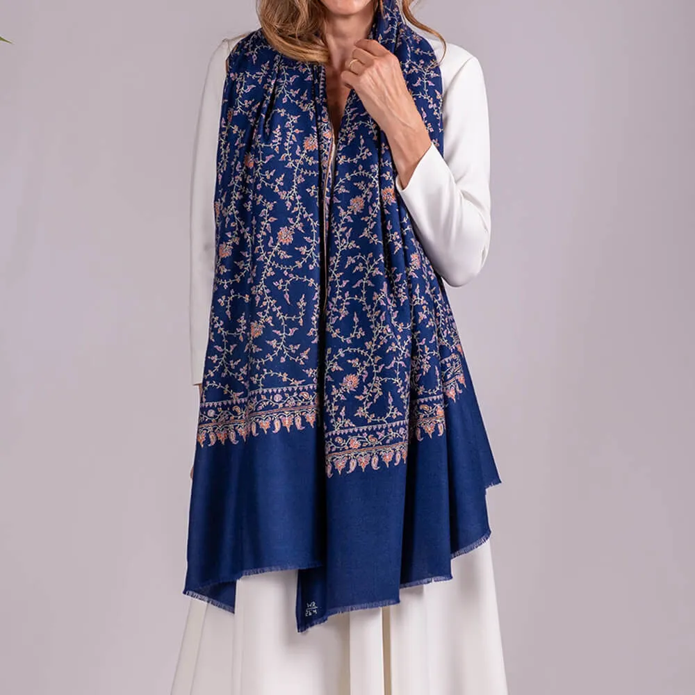 Hand Embroidered Pashmina Cashmere Shawl - Navy Floral