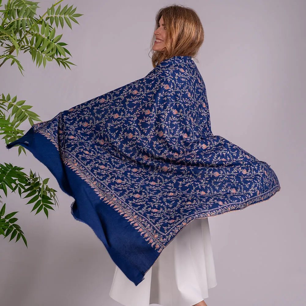 Hand Embroidered Pashmina Cashmere Shawl - Navy Floral