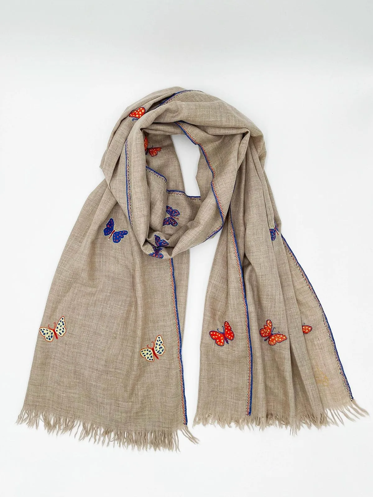 Handwoven 100% Pashmina - BROWN WITH BUTTERFLY EMBROIDERY