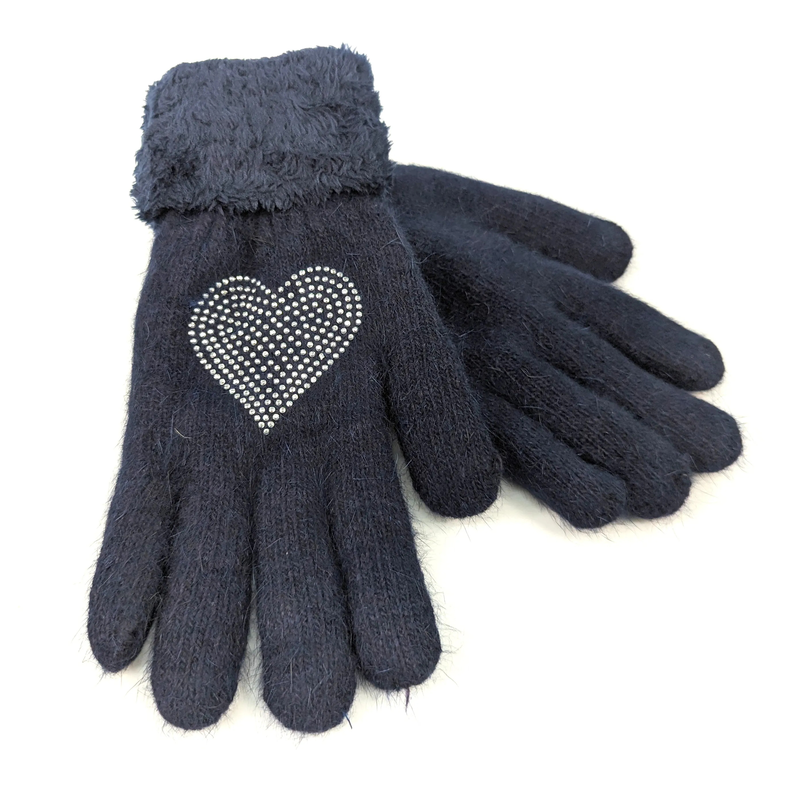 Heart Faux Fur Gloves - Navy Blue