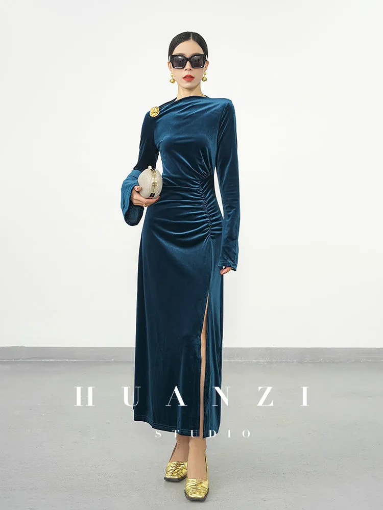 Huanzi new elegant slanted collar acetate velvet waist slit dress mid-length female- Eli