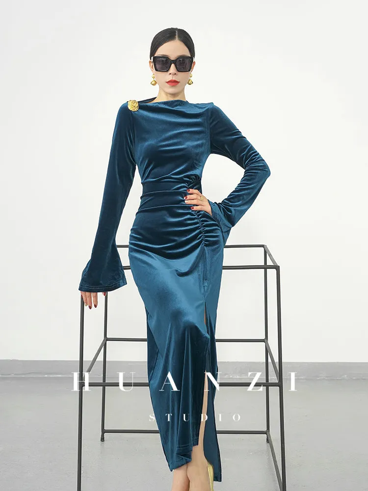 Huanzi new elegant slanted collar acetate velvet waist slit dress mid-length female- Eli